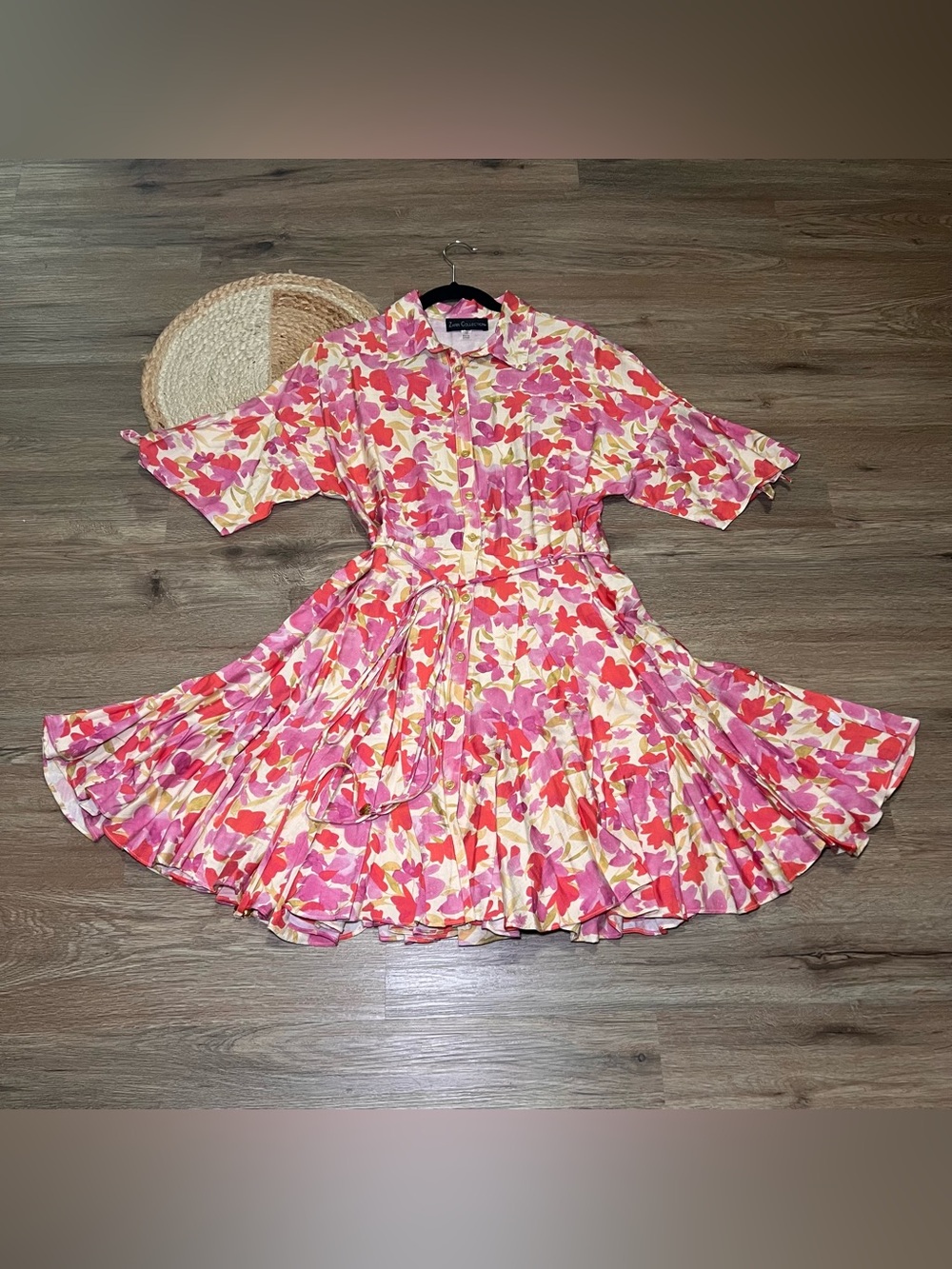 ZARR COLLECTION Floral Print Waist Tie Button Front Mini Shirtdress